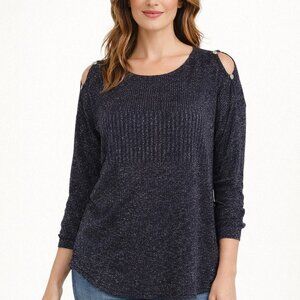 Cable & Gauge Navy Silver Metallic Top Peekaboo Shoulder Lightweight Tunic Large